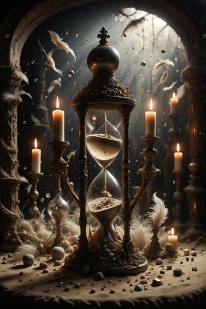 An hourglass with interesting, surreal organic curves, where sand flows in a deep, dark abyss, with candelabras resembling ghostly lights. Inlaid mysterious abysses, decorative gold accents, feathers, diamonds, and iridescent bubbles.