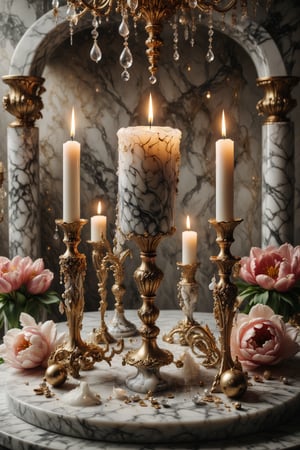 A luxury candle with marble texture and interesting, surreal organic curves, in a surreal landscape with candelabras adorned with tulips. Inlaid tulips, decorative gold accents, feathers, diamonds, and iridescent bubbles.