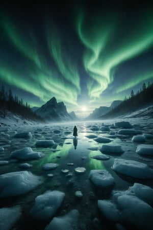 A frozen lake with a transparent ice surface, where magical figures can be seen under the ice, illuminated by the aurora borealis.