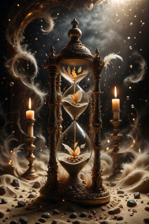 An hourglass with interesting, surreal organic curves, where sand flows in an atmosphere of absolute calm, with candelabras resembling serene flames in the darkness. Inlaid deep silences, decorative gold accents, feathers, diamonds, and iridescent bubbles.