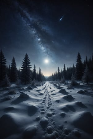 A clear night with bright stars over a snowy landscape.