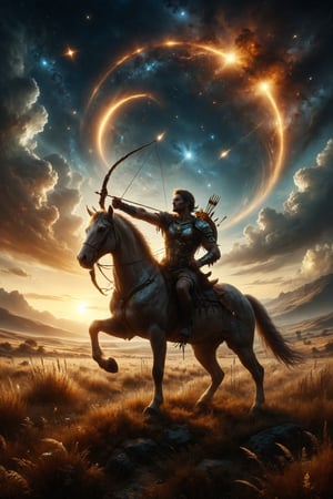 An archer centaur with a bow of light in a field of golden grass, under an expansive sky full of comets and shooting stars illuminating his path.