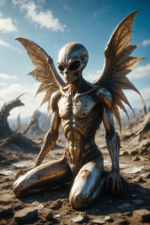 A golden alien with wings and horns completely bandaged, with white bandages, with 8 swords around him stuck in the ground, with the blue sky

