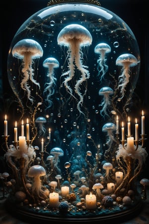 An aquarium with interesting, surreal organic curves, filled with floating jellyfish and candelabras emulating reflected moonlight. Inlaid jellyfish, decorative gold accents, feathers, diamonds, and iridescent bubbles.