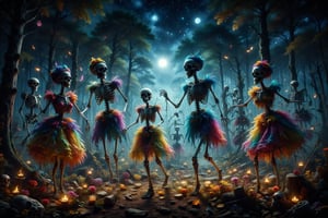 A nighttime dance of skeletons dressed in colorful costumes, moving to the rhythm of joyful music in a forest clearing.