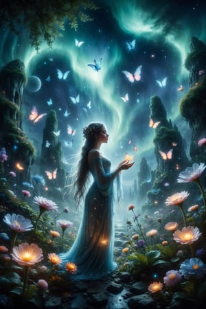 A celestial maiden tending a garden of crystal plants and flowers glowing under a sky of auroras, with translucent butterflies fluttering around.