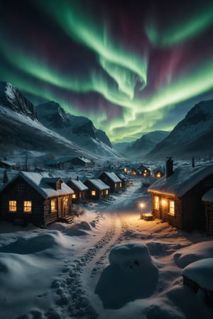 A small snow-covered village with wooden houses and warm lights in the windows, under an aurora borealis illuminating the sky.