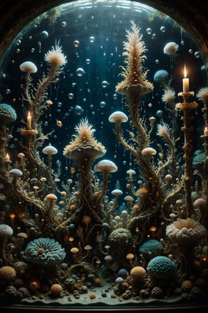 An aquarium with interesting, surreal organic curves, representing the deep sea floor with candelabras resembling luminous algae. Inlaid deep-sea creatures, decorative gold accents, feathers, diamonds, and iridescent bubbles.