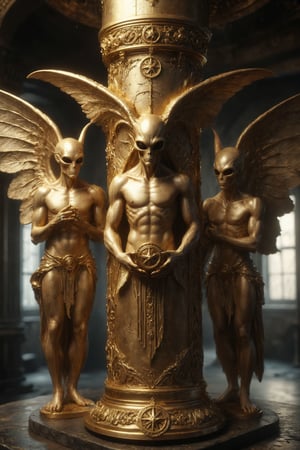 3 trhee male golden luxury alien with wings and horns the 3 working together on a column with 3 pentacles engraved on it