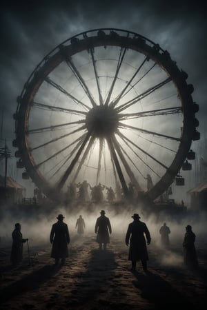 At the heart of the circus, a giant wheel turns slowly amidst the thick fog. Its wooden spokes creak softly as the metal structure rises towards the dark sky. In each section of the wheel, indistinct shadows of masked figures appear and disappear, like specters in an ethereal dance that defies time and space.