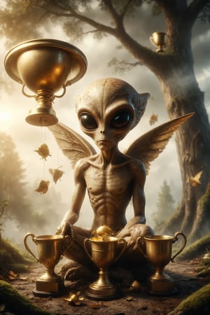 Create a scene of a golden alien with wings and horns bored and sitting under a tree, next to three golden trophy cups and a fourth cup held in one hand, enveloped in a cloud.