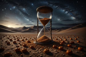A giant hourglass with grains that appear to be made of tiny pumpkins, flowing endlessly in an eternal cycle in the middle of a nighttime desert.