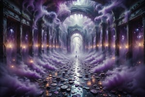 A labyrinth of iridescent mirrors reflecting multiple versions of those who venture inside, while violet mist swirls around them like a veil of illusions.