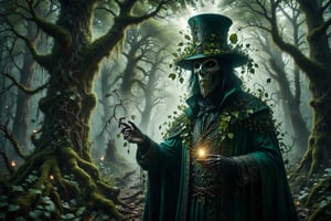 A masked warlock in green robes and a top hat adorned with leaves and branches, summoning forest spirits among trees entwined with mystical vines.