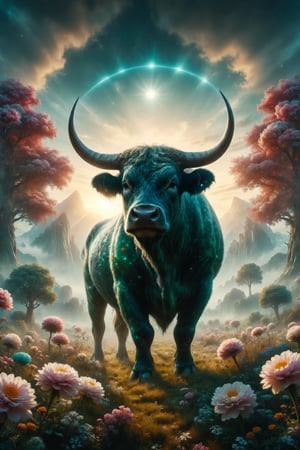 A majestic bull with emerald fur in an infinite meadow full of giant flowers and crystal trees, with a rising sun shining like a diamond.