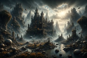 a magnificent and detailed matte painting of the refuge of lost dreams, with a dreamlike and mysterious landscape, filled with magical creatures and lost objects floating in the air, surreal architecture with touches of Salvador Dalí and Zdzisław Beksiński, masterpiece!!!, enchanting, detailed, mystical, fantastic, dreamlike atmosphere, intricate details, dream magic, fantasy realism, soft lighting