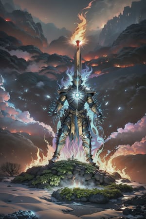 Create an image depicting a knight in golden armor, surrounded by flames, holding a flaming sword. The sky is darkened by smoke and ashes, creating a dramatic and mystical atmosphere ,Fantasy,FFIXBG