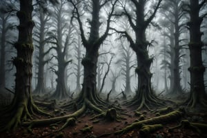 A forest shrouded in dense, grayish fog, where trees seem to whisper ancient secrets while shadows lurk among the twisted trunks.