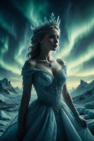 A majestic queen with a dress made of frost and ice, with the aurora borealis shining in her crown.