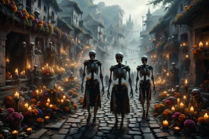 A procession of skeletons adorned with bright flowers and candles, solemnly walking through the streets of an ancient village.