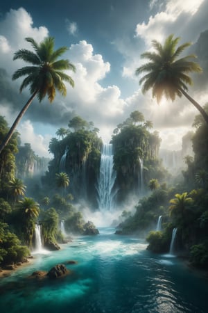 A tropical island floating in the sky with giant palm trees and crystal-clear waterfalls cascading into the clouds.