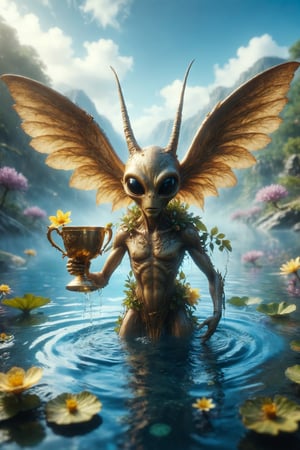 Design a scene of a golden alien with wings and horns holding a golden cup trophy with overflowing water inside, symbolizing new beginnings, in a blue lake with aquatic leaves and flowers and blue sky