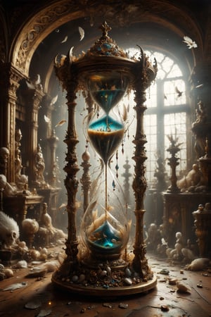 An hourglass with interesting, surreal organic curves, representing the threshold between dream and reality, with candelabras resembling guardians of mystical gates. Inlaid dimensional thresholds, decorative gold accents, feathers, diamonds, and iridescent bubbles.
