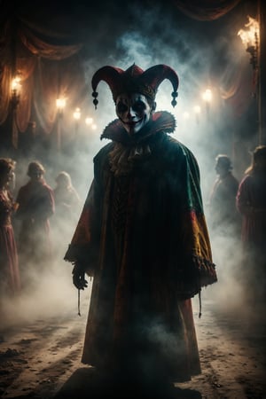 In the dimness of the circus tent, a jester with an enigmatic face stands out amidst shadows, their colorful robes flowing with elegance. Their eyes shine behind a mask of mystery, while their smile seems to conceal profound secrets. In the background, blurred silhouettes of circus figures move through the mist, creating an atmosphere of anticipation and bewilderment.