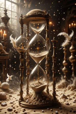 An hourglass with interesting, surreal organic curves, filled with sand flowing like time in dreams, with candelabras resembling shooting stars. Inlaid dreams and visions, decorative gold accents, feathers, diamonds, and iridescent bubbles.