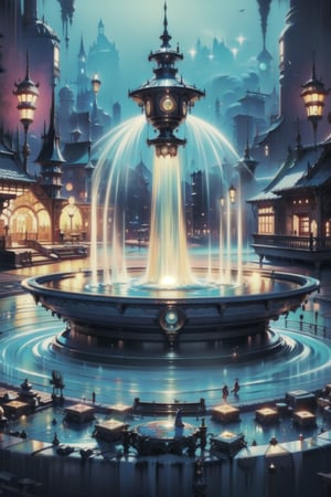 Create an image of a steampunk fountain with clear water flowing through crystal pipes and gears. Around the fountain, there are mechanical flowers and metal benches where people in Victorian attire sit. style,SteamPunkNoireAI,ste4mpunk,HZ Steampunk,Illustration,DonMD0n7P4n1c