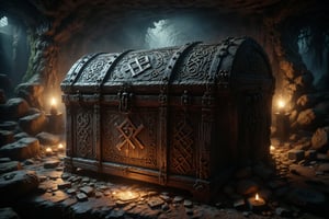 An ornate wooden chest adorned with ancient runes, emitting an eerie glow in a dark, damp cave.
