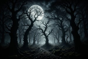 A dark forest illuminated by the light of a full moon, with silhouettes of twisted trees and mysterious shadows.
