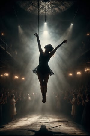 Suspended in the air amidst flickering lights and elongated shadows, a trapeze artist performs impossible acrobatics with supernatural grace. Their face is hidden beneath a black lace mask, their body seems to defy gravity with each elegant movement. Below, the crowd watches in silence, mesmerized by the artist's skill and the atmosphere of mystery surrounding their performance.
