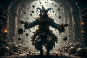 A jester in a tattered costume adorned with jingling bells, juggling shadows that transform into grotesque and laughing figures.