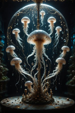 An aquarium with interesting, surreal organic curves, filled with jellyfish dancing to the rhythm of the water, with candelabras resembling fluid movements. Inlaid dancing jellyfish, decorative gold accents, feathers, diamonds, and iridescent bubbles.