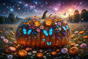 Bright pastel-colored butterflies fluttering around a giant sugar pumpkin covered with edible flowers, in a meadow illuminated by twinkling stars.