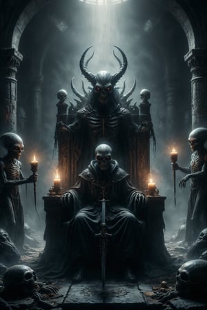 Generate a scene where a horror monster blaxck is seated on a throne with two youngs aliens at its feet, symbolizing teaching and tradition. Themonstern wears a ceremonial robe and holds a three-cross scepter.