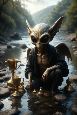
designs an image of a sad golden alien with wings and horns, wearing a black coat, standing in a river, looking at three gold trophy cups fallen to the ground, and two cups remain behind him and standing