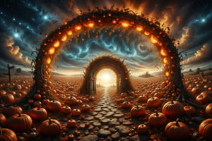 A bright, swirling portal amidst a field of illuminated pumpkins, showing glimpses of magical and unknown landscapes on the other side.