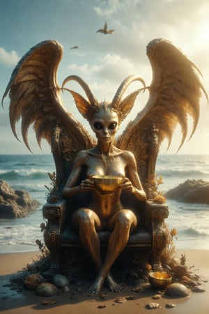 Create an image of a female golden alien with wings and horns wearing a beautiful crown, on a throne, holding a gold metal cup covered and surrounded by aquatic elements, located on the seashore