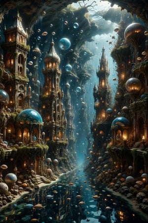 An aquarium with interesting, surreal organic curves, recreating an underwater city with candelabras resembling submerged skyscrapers. Inlaid underwater buildings, decorative gold accents, feathers, diamonds, and iridescent bubbles.