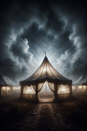 Under the ghostly moonlight, a circus tent appears like a specter amidst the fog. Its large white canvases are adorned with embroideries of silver threads that faintly glow. From within, indecipherable murmurs are heard like whispers in the night breeze, inviting the curious to delve into a world of hidden secrets and mysteries.