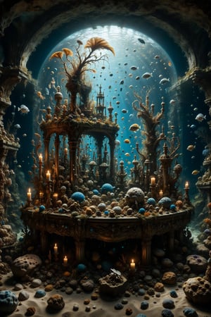 An aquarium with interesting, surreal organic curves, filled with sunken treasures such as chests, jewels, and remnants of ancient ships, with candelabras resembling guardians of the seabed. Inlaid sunken treasures, decorative gold accents, feathers, diamonds, and iridescent bubbles.