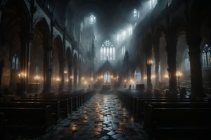 A Gothic cathedral shrouded in grayish mist, with stained-glass windows glowing with ghostly lights and shadows sliding among the empty pews of a dark nighttime mass.