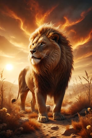 A golden lion with a mane of fire in an infinite golden savannah, with a sun at its zenith shining like a celestial beacon and plants moving to the rhythm of the wind.