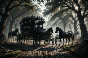 A black carriage drawn by skeletal horses, moving slowly along a cobblestone path surrounded by twisted trees and dancing shadows.