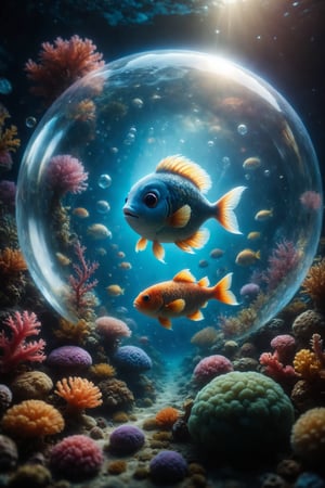 Imagine a fantasy underwater world where plush fish swim around a baby floating in a magical bubble, surrounded by glowing seaweed and colorful corals.