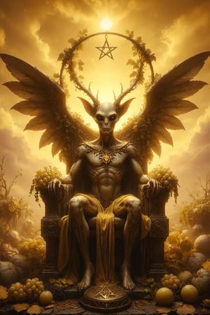 A golden alien with wings and horns wearing a beautiful crown and holding a golden pentacle, sitting on a throne adorned with grape plants, with the yellow sky