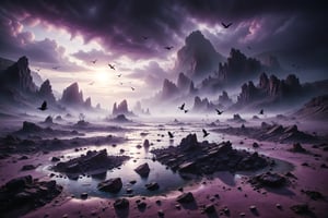 A rocky desert shrouded in purple mist, with black crows circling above an oasis of crystal-clear waters under a sun obscured by stormy clouds.