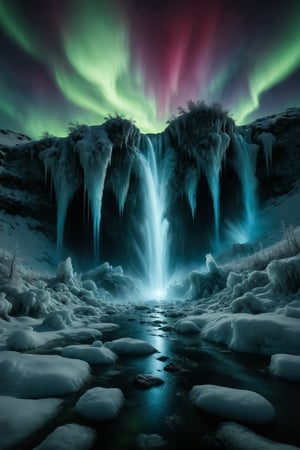 A waterfall frozen in time, with icicles and ice stalagmites reflecting the lights of the aurora borealis.